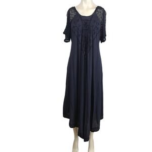 Sakkas Navy Blue Embroidered Lace-Up Boho Midi Dress Short Lace Sleeve 16602 OS